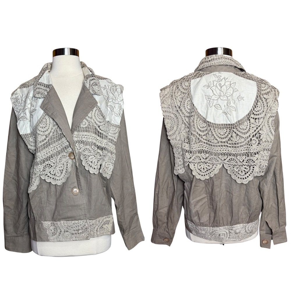 Cache Vintage Cotton Embroidered Crochet Lace Tan Funky Maximalist Jacket Medium